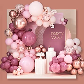 PartyWoo Dusty Rose Balloon Arch Kit - 140 pcs Pink Balloon Garland Kit - Rose Gold Balloons - Metallic Balloons for Dusty Pink Birthday Decorations Women, Bridal Shower, We