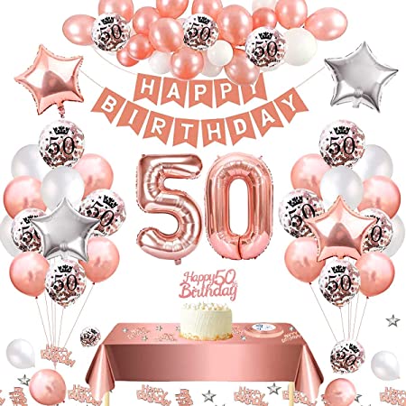 "Rose Gold 50th Birthday Decorations for Women: Balloons, Banner, and Confetti Balloons"