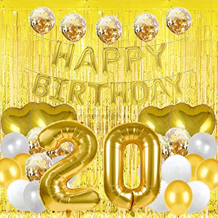 "Sweet 20th Birthday Balloon Decorations: Gold Tassels Fringe Curtains & Foil Balloons"