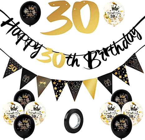 30th Birthday Decoration Kit - 12 Pieces Birthday Party Decoration Include Black Latex Balloons/Confetti Balloons - Happy Birthday Bunting Flag Triangle Banners for Birthday