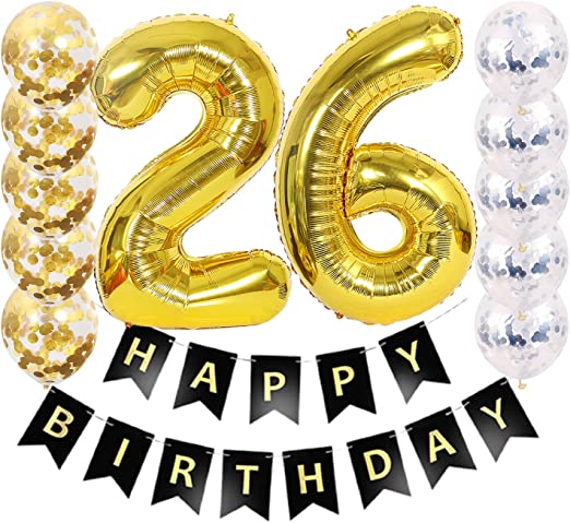 26th Birthday Decoration Happy Birthday Black Banner Balloon - 26 Year Old Party Supplies, Gold Balloons, Silver Gold Latex Colorful Ball, 26 Anniversary Events Decorations