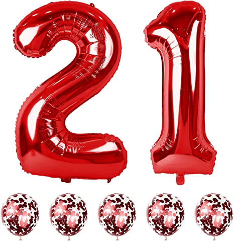 21st Birthday Balloons for Her Red - Giant Foil Number 21 Balloons with Red Confetti Kit