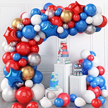 NiCoLa Blue Red Balloons Arch Kit - 80PCS Blue Gold White Latex Balloons Garland Kit With Blue Red Star Foil Balloons - For Boy Birthday Decoration Royal Circus Theme, Carni