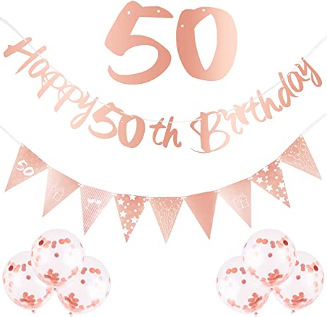"Rose Gold 50th Birthday Decorations Kit: Happy Birthday Banner, Triangle Flag, and Confetti Balloons"