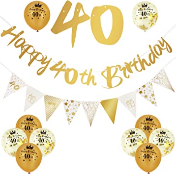 12 Pieces 40th Birthday Decorations Kit - Include Gold Happy 40th Birthday Banner, Triangle Flag Banner, and Confetti Latex Balloons - Party Decoration Birthday Party