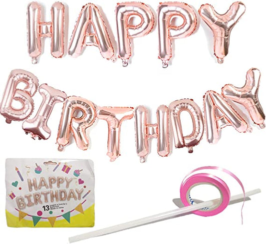 16-Inch Rose Gold Happy Birthday Balloons Banner - Self Inflating Happy Birthday Banner Balloons - Rose Gold Happy Birthday Bunting Banner - Hanging Foil Balloon for Birthda