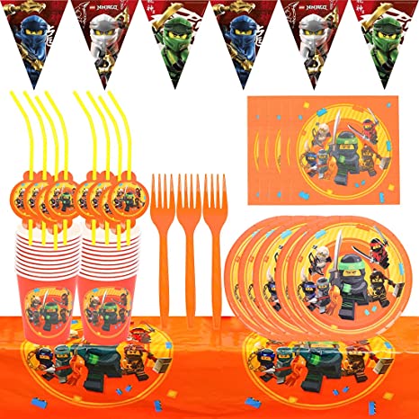 62 Piece Ninja Party Supplies Decoration Set wopin-Ninja Tableware Kit - Paper Plates Napkins Cups Straws - Happy Birthday Decoration - Colorful Party Chain Garland Banner -