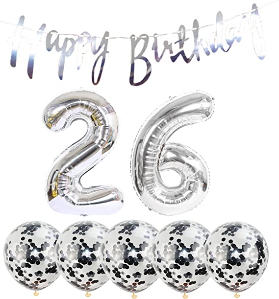 26th Birthday Decoration - Happy Birthday Banner Balloons - 26 Years Old Birthday Party Supplies - Helium Balloons Number 26 Balloons - Latex Balloon Foil Balloon - 26th Sil