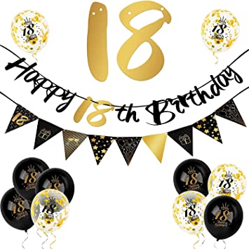 "12-Piece 18th Birthday Decorations Kit | Black Gold Happy 18th Birthday Banner | Party Supplies"