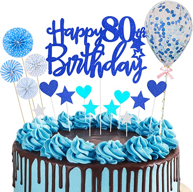 "Happy 80th Birthday Cake Topper Blue - Glitter Decoration Kit"