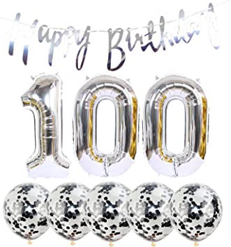 "100th Birthday Decoration Happy Birthday Banner Balloons - Silver Party Supplies"