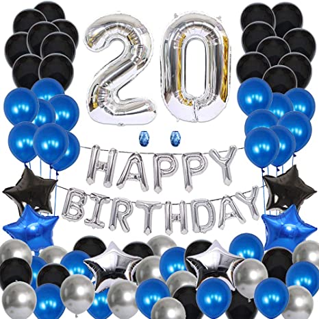 "Silver 20th Birthday Party Supplies: Number 20 Balloon, Banner & Latex Balloons"