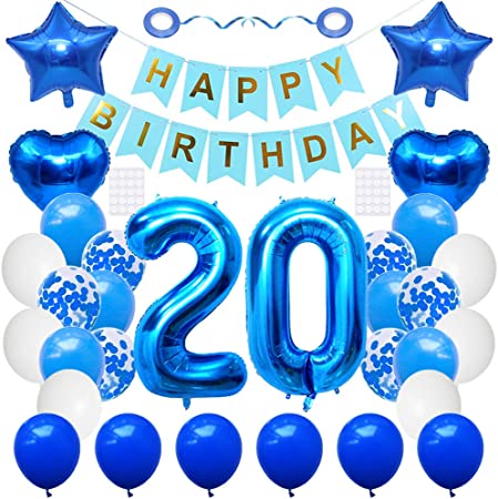 "Blue 20th Birthday Party Supplies: Number 20 Balloon, Banner & Latex Balloons"