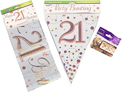 21st Birthday Decoration Kit - Banner, Bunting, Confetti, Rose Gold, Him, Her, Men, Women