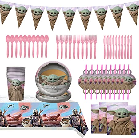 BKJJ Party Tableware - Yoda Children's Birthday Decoration Kit - Yoda Party Party Tableware Paper Plates Napkins Paper Cups Forks Knives Banners for Baby Shower Birthday Par