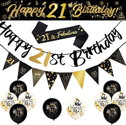 14 Pieces 21st Happy Birthday Decorations Kit - Party Supplies, Banner, Triangle Flags, Confetti Balloons