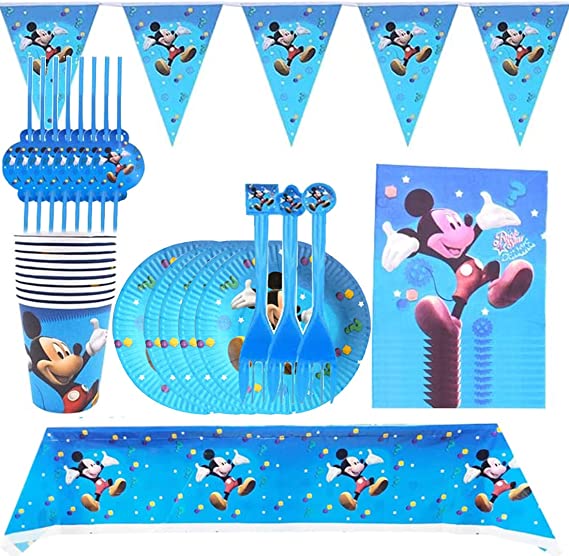 71 Piece Mickey Mouse Party Supplies Decoration Set Hanel-Mickey Mouse Tableware Kit - Paper Plates Napkins Cups Straws - Happy Birthday Decoration - Colorful Party Chain Ga