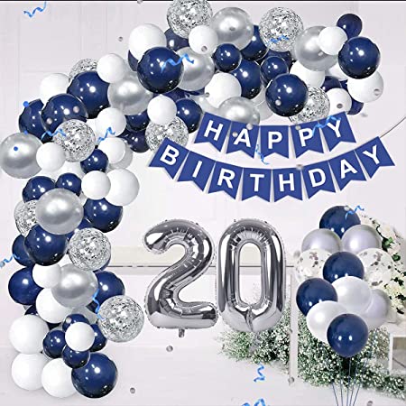 Blue and Silver 20th Birthday Balloon Party Decorations for Him