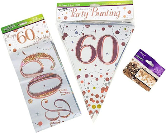 " 60th Birthday Decoration Kit: Rose Gold Banner, Bunting, Confetti for Him and Her"