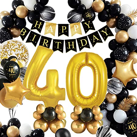 40th Birthday Decorations Men Women - Black Gold 40th Party Balloon Kit with 40th Birthday Banner, Helium Number 40 Foil Balloon, and Confetti Balloons - Birthday Party Supp