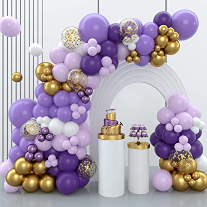 Purple Balloons Arch Kit - 136Pcs Purple Gold Balloon Arch Garland Kit with Dark Purple and Gold White Latex Balloons for Girls Birthday Party Decoration, Baby Shower, Weddi