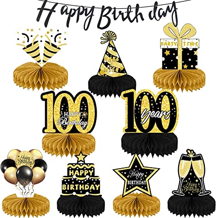 "Black Gold 100th Birthday Table Decoration Set - Happy Birthday Banner Honeycomb Centerpieces"