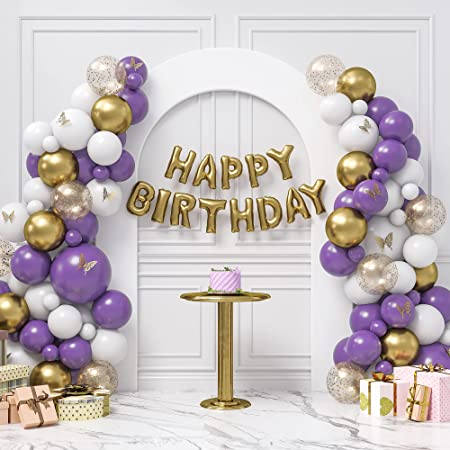 "Gold, White, Purple Balloon Garland Kit: Birthday Balloons Garland with Butterfly Lavender Balloons"