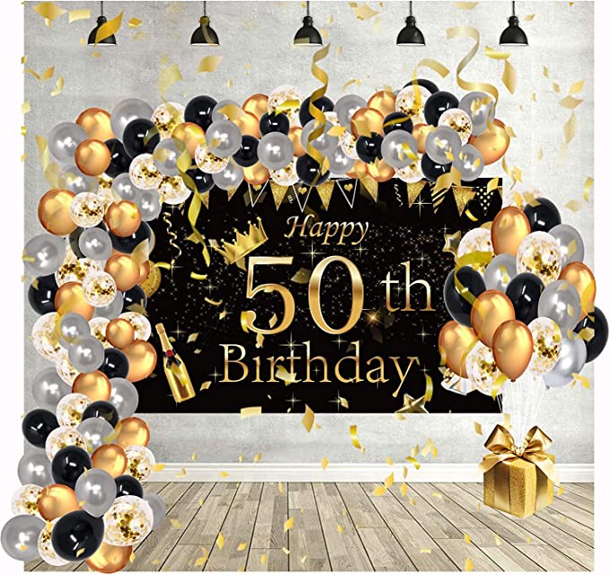 "50th Birthday Balloon Arch Kit: Happy Party Gifts for Women, Banner, Confetti, Ribbon, Backdrop"
