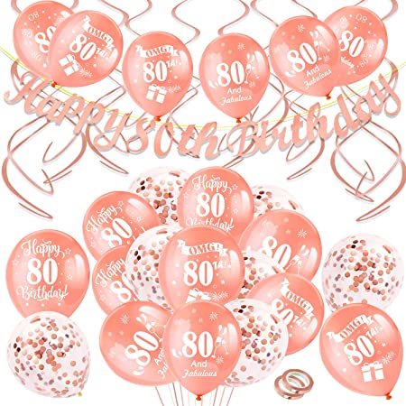 "HOWAF 46 Pieces 80th Birthday Decoration Kit - Rose Gold Party Supplies"