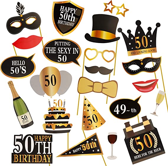 "Funny DIY 50th Birthday Photo Booth Props: Black and Gold Party Supplies and Favors"