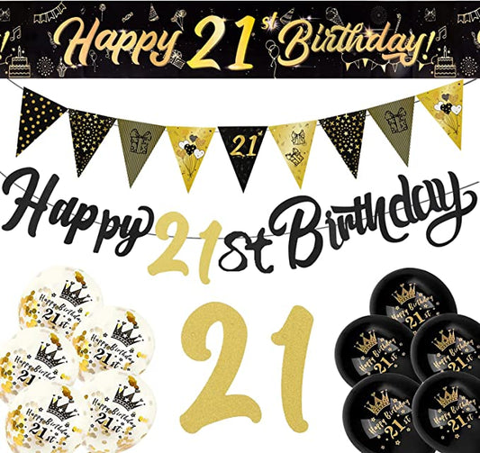 21st Birthday Decoration Kit - Happy 21st Birthday Banner, Bunting, Latex Printed Balloons, 9ft Banner