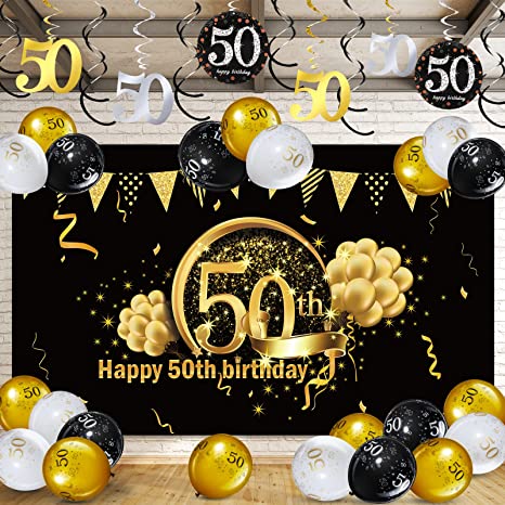 Birthday Party Decorations Kit - Black Gold Glittery Happy Birthday Backdrop Banner Photo Background Balloon Hanging Swirls - for Men Women Party Decor Supplies - Banner 72