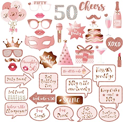 "Rose Gold 50th Birthday Party Photo Booth Props and Signs: Selfie Props Kit for Girls and Women"