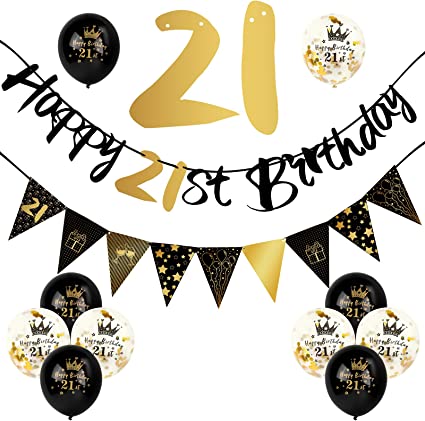 12 Pieces 21st Birthday Decorations Kit - Black and Gold Happy Birthday Banner, Triangle Flag Banner, and Confetti Balloons