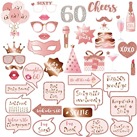 "Rose Gold 60th Birthday Party Photo Booth Props and Signs: Selfie Props Kit for Girls and Women"