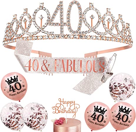 VEGCOO Birthday Decoration Kit for Girls Women - 40th Birthday Sash and Rhinestone Tiara Set - Birthday Crown, Birthday Sash, Pearl Pin, Balloons, Birthday Cake Topper - Par