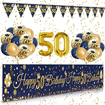 50th Birthday Decorations Men, SWPEED 50th Birthday Decoration Kit - Blue Gold Happy 50th Birthday Banner, Navy Blue Gold Balloons Confetti Balloons, Number 50 Balloon and T