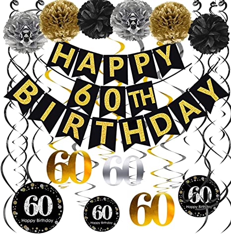 "Famoby Black & Gold Glittery Happy 60th Birthday Banner: Hanging Swirls Kit for Party Decorations"
