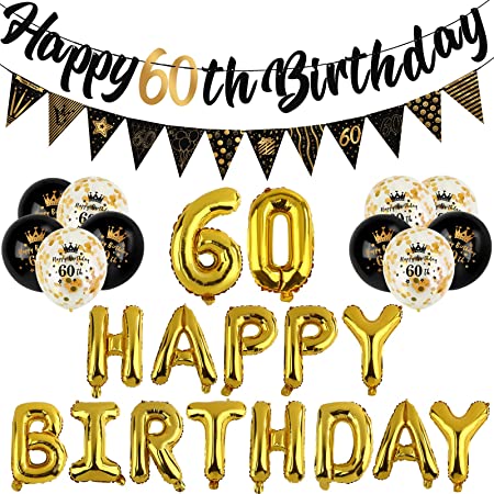 "Black Gold 60th Birthday Decorations Kit: Happy Birthday Banner, Triangle Flag Banner, Foil Banner Balloons, and Confetti Latex Balloons"