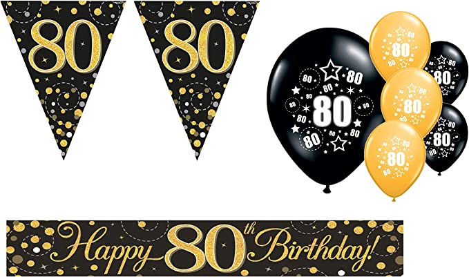 "80th Birthday Black and Gold Balloons Banner Bunting Party Pack - Decorations"