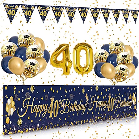 "40th Birthday Decoration Kit - Blue Gold Banner, Balloons, Number Balloon, Flag Banner"
