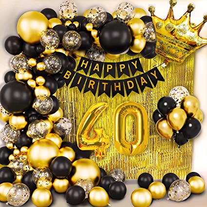 40th Birthday Decorations Set - Including Happy Birthday Banner, Gold Large Crown Foil Balloon, Fringe Curtains Party Decorations, and 40th Birthday Balloons - Black and Go