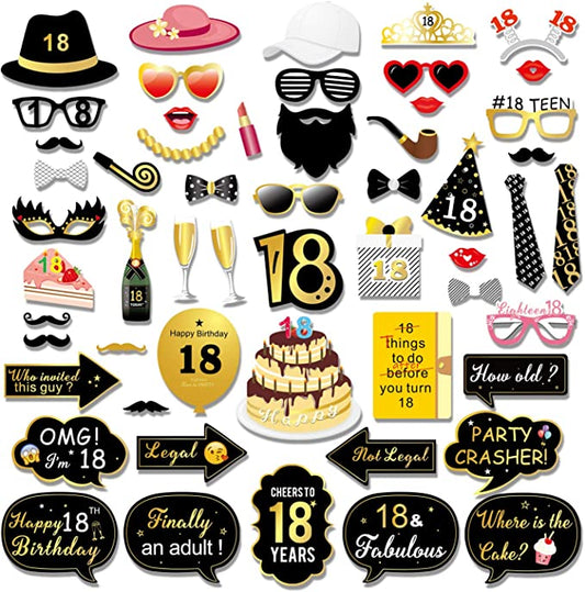 "55-Piece 18th Birthday Photo Booth Props: Black and Gold Party Accessories"