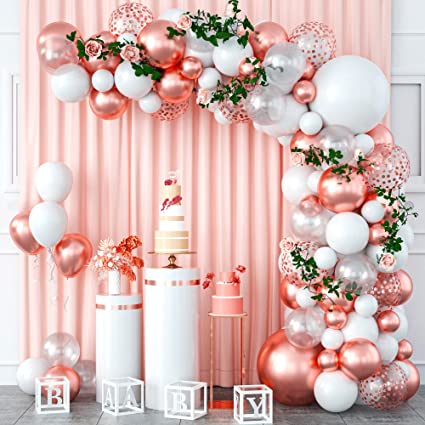 Rose Gold Balloon Arch Garland Kit with Rose Vines - 18-inch Balloon Arch Kit Birthday Party Decoration with Rose Gold White Balloons for Birthday Wedding Baby Shower