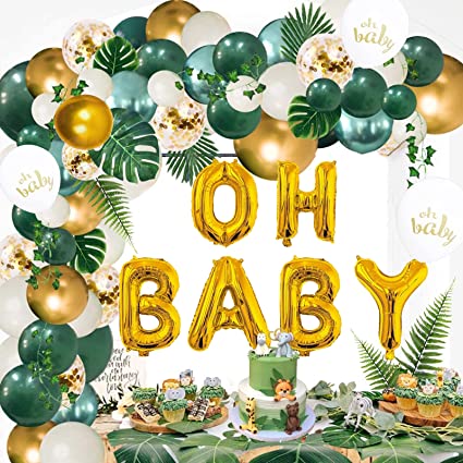 Elegant Baby Shower Decorations Boy Girls Sage Green Baby Shower Decorations Unisex Baby Letter Foil Balloons and 6pcs Palm Leaves