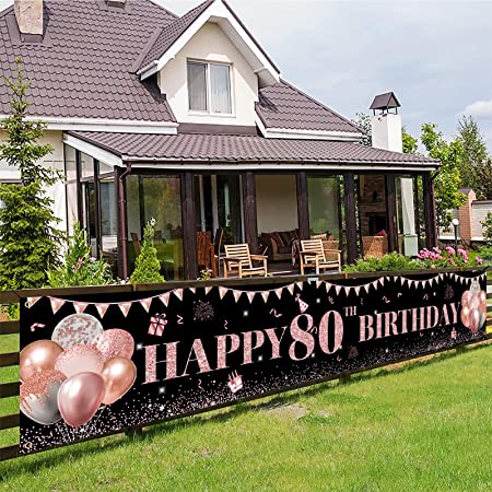 "Large Happy 80th Birthday Banner Black and Rose Gold - Yard Sign"