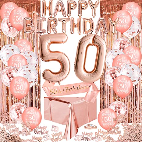 "Whaline Rose Gold 50th Birthday Decorations Kit: Foil Balloon, Confetti Balloon, Tablecloth, and Sash"