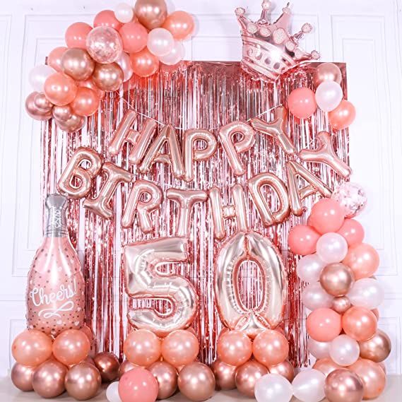 "Rose Gold 50th Birthday Decorations: Balloons, Balloon Banner, Balloon Arch, and Fringe Curtains"