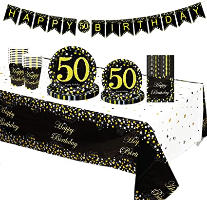 50th Birthday Tableware Set, Black Gold 50th Birthday Party Table Decorations Kit - 50th Birthday Banner, Table Cloth, Paper Plates, Napkins, Cups - for Men, Women, Him, Her