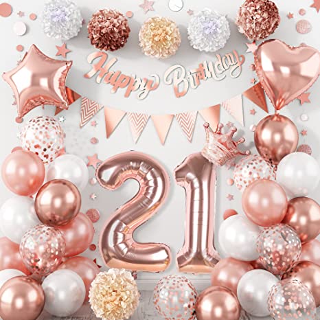Rose Gold 21st Birthday Party Decorations - Confetti Balloons and Garland